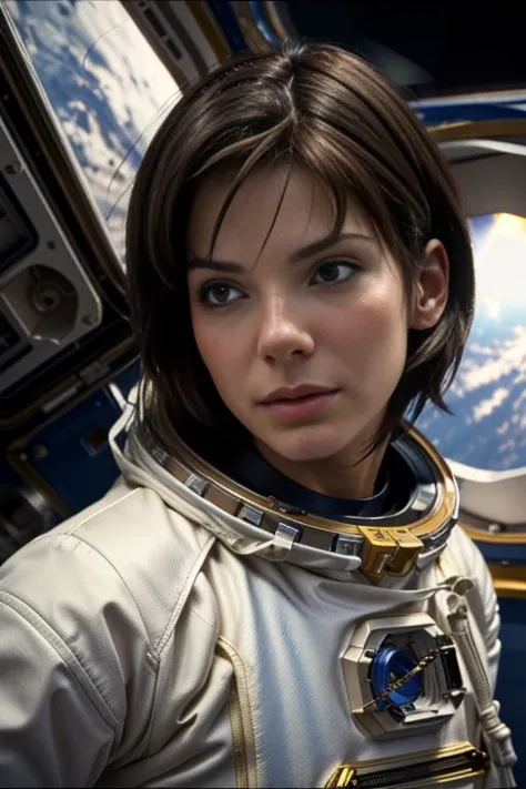 54ndr4bu110ck in an astronaut suit, (floating on space:1.2), short brown hair, brown eyes, <lora:sandra_bullock_pmv1b_lora:1.3>,...