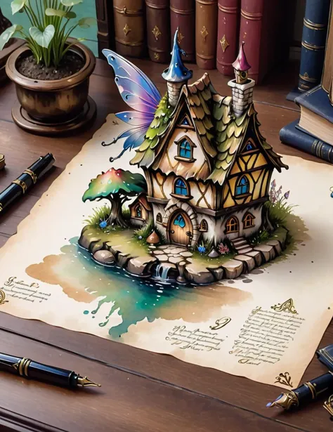 schémas d&#39;une maison de féesTaches d&#39;encre, Haute qualité, Beau,  très détaillé, 8k, magique, assis sur le bureau d&#39;un gnome d&#39;architecture,