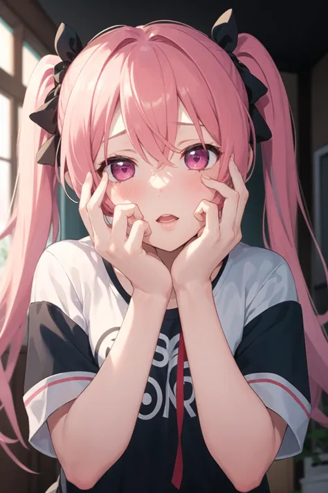 1girl, yandere, yandere trance, corruption, casual clothes, t-shirt, twintails, long hair, short sleeves, standing, hands on own face, hands on own cheeks, heart, crazy eyes, glowing eyes, room, pink hair, blush, half-closed eyes, (crazy smile:0.6), lips