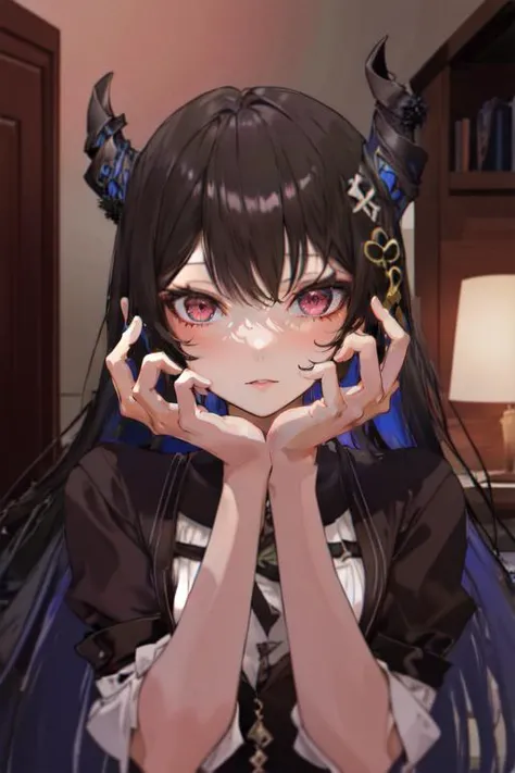 <lora:NerissaRavencroft:0.85> , NerissaRavencroft, black hair, pink eyes, yandere, yandere trance, horns, hair ornament, 
standing, medium breasts, (upper body:1.1), close-up, hands on own face, hands up, hands on own cheeks,
 (high quality:1.1), (high resolution:1.1), 4k, 1girl, indoors, room, bed, shelf,  <lora:NoiseOffset_v2:1.0>