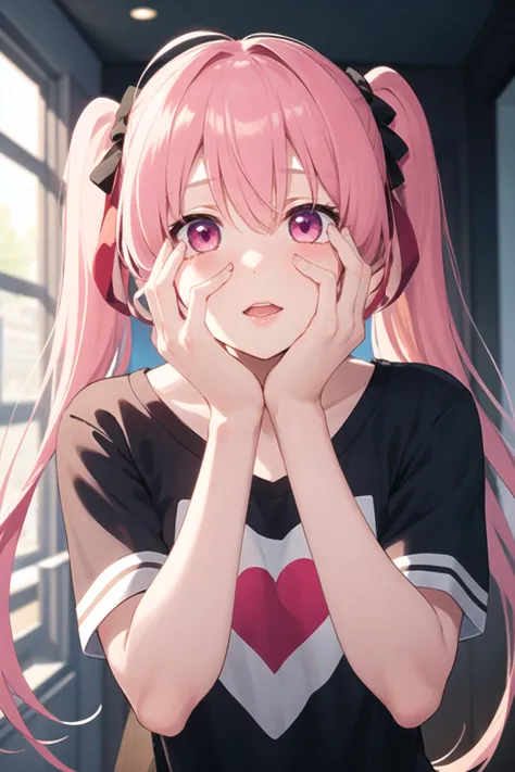 1girl, yandere, yandere trance, corruption, casual clothes, t-shirt, twintails, long hair, short sleeves, standing, hands on own face, hands on own cheeks, heart, crazy eyes, glowing eyes, room, pink hair, blush, (crazy smile:0.6), lips