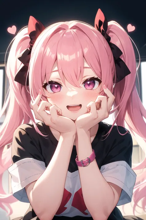 1girl, yandere, yandere trance, corruption, casual clothes, t-shirt, twintails, long hair, short sleeves, standing, hands on own face, heart, crazy eyes, glowing eyes, room, pink hair, blush, hands on own cheeks, crazy smile, lips, open mouth, half-closed eyes