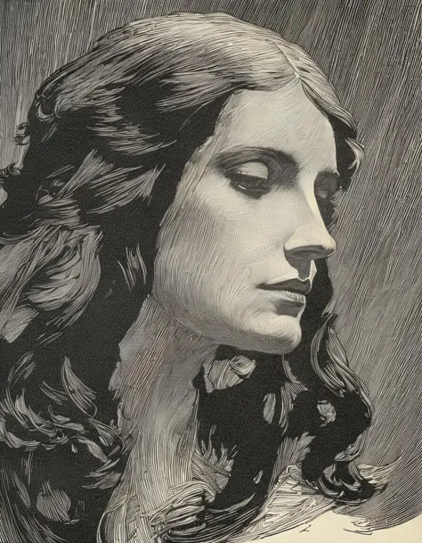 a close up of a drawing of a woman with long hair