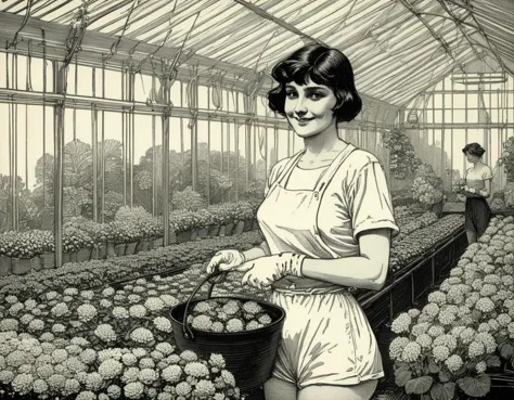 franklin booth style, woman standing in green house, holding pot of flowers, gardening gloves, smile, t shirt, short shorts, solo, detailed skin, monochrome <lora:franklin_booth_style_sdxl_v16-000013:1>