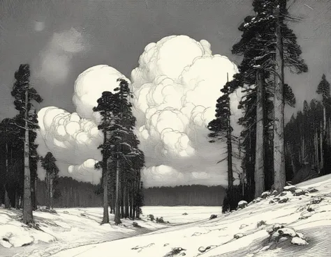 painting of a snowy landscape with trees and a sky with clouds