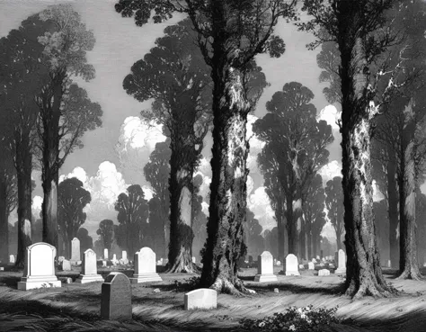 a black and white photo of a cemetery with trees and tombstones