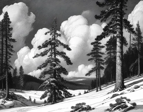 franklin booth style, landscape, clouds, pine trees, snow, monochrome <lora:franklin_booth_style_sdxl_v7:1>