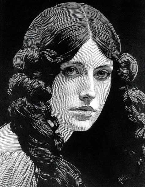 a black and white drawing of a woman with long hair