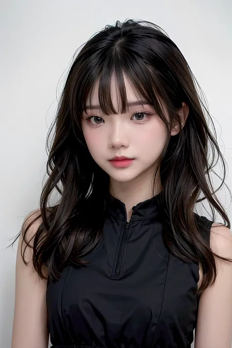 a close up of a woman with long hair wearing a black dress