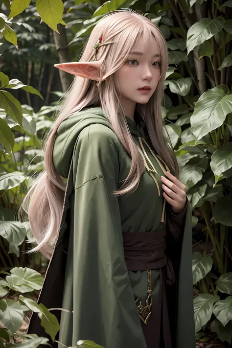 (masterpiece), best quality, expressive eyes, 1girl, perfect face, (((young male half-elf man))), deep red eyes, long white hair, pinkish skin, fit body, full body (((the hunter druid class))), tall, pointy ears, ((she is wearing light armor made of green leaves)), she lives in the forest surrounded with animals, a longbow on back, she looks like the hunter, furred hooded cloak, <lora:Spicyuuu-04:1>