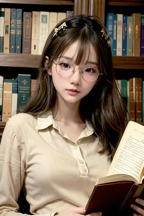 portrait photography of a college belle wearing gold wire glasses reading in the library,
<lora:Spicyuuu-04:1>