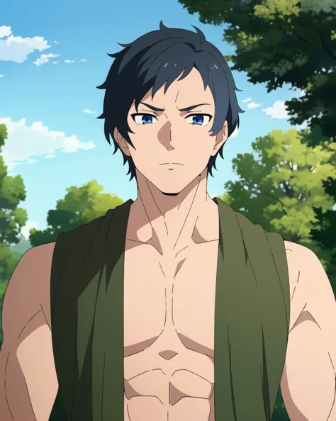 mushoku tensei style, 1boy, male focus, solo, blue eyes, trees, black hair, muscular male, outdoors, looking at viewer, upper bo...