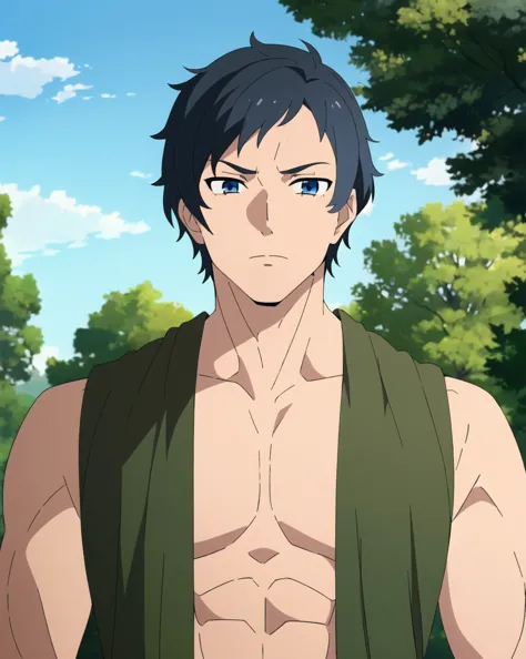 mushoku tensei style, 1boy, male focus, solo, blue eyes, trees, black hair, muscular male, outdoors, looking at viewer, upper body,  barechested male, ((masterpiece))  <lora:mushoku_tensei_style_offset:1>