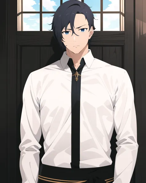 anime guy in white shirt and black tie standing in front of a window