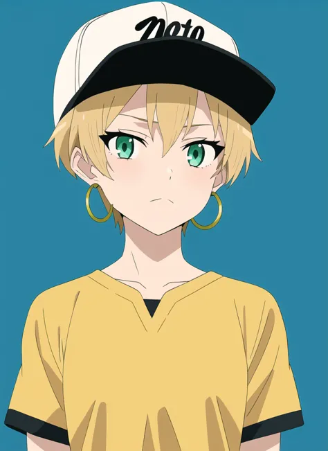 mushoku tensei style, anime coloring, parody, masterpiece, best quality, 1girl, aqua eyes, baseball cap, blonde hair, closed mouth, earrings, green background, hat, hoop earrings, jewelry, looking at viewer, shirt, short hair, simple background, solo, upper body, yellow shirt <lora:mushoku_tensei_style_offset:1>