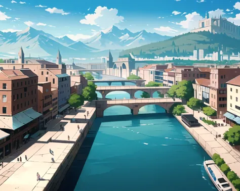mushoku tensei style, scenery, sky, cloud, day, bridge, water,multiple boys, mountain, city, cityscape, dock, river, aircraft, w...