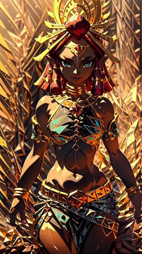 ((masterpiece, best quality)),absurdres,<lora:Riju_Zelda_TotK:0.9>,Riju_Zelda,solo,smiling,smug,looking at viewer,cowboy shot,cinematic composition,dynamic pose,desert,background,sand,day,groin,bokeh,depth of field,<lora:crystal_20231127214245-000018:0.8>,midriff,(crystal black dress),