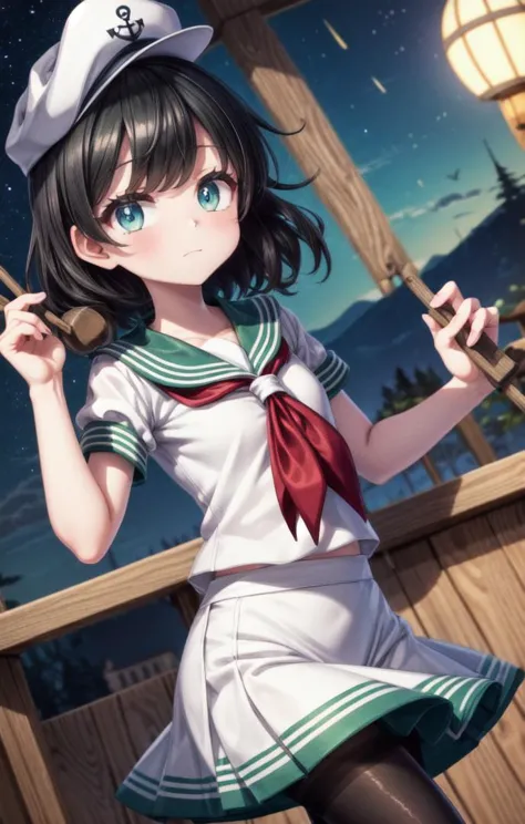 a woman in a sailor outfit holding chopsticks and a knife