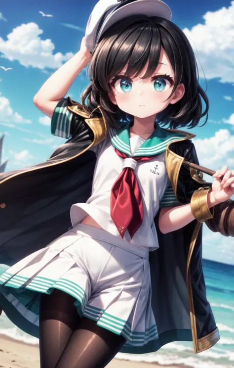 a woman in a sailor outfit standing on a beach next to the ocean