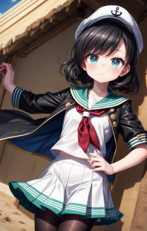 a close up of a woman in a sailor outfit holding a knife