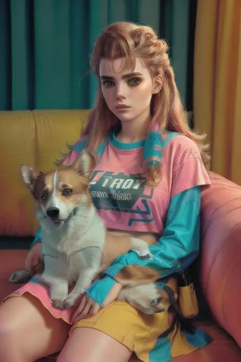 1 young adult woman, AloyHorizon, establishing shot, reclining on sofa, ((holding a corgi on lap)), 
thighighs, mini-skirt, tshirt , 80's hairstyle ,bright makeup, 
bright pink colour tiler,
nightclub, Eighties, 
easy and aesthetic composition, 8k