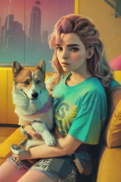 1 young adult woman, AloyHorizon, establishing shot, reclining on sofa, ((holding a corgi on lap)), 
thighighs, mini-skirt, tshirt , 80's hairstyle ,bright makeup, 
bright pink colour tiler,
nightclub, Eighties, 
easy and aesthetic composition, 8k