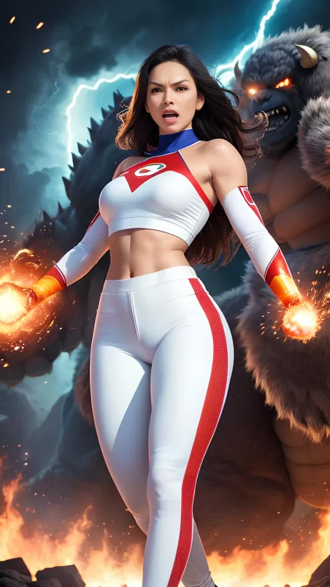 In a spectacular display of power, the (white_outfit:1.2) (long_pants:1.2), superwoman channels her inner strength, her outstret...