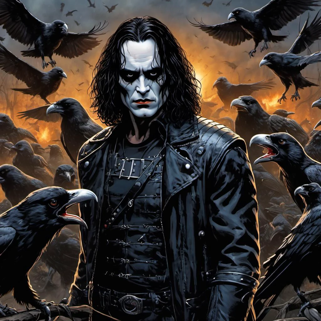 Brandon Lee as Eric Draven from the movie The Crow surrounded by scary crows from hell
cinematic lighting in the comic style of Todd McFarlane , detailed, realistic, 8k uhd, high quality