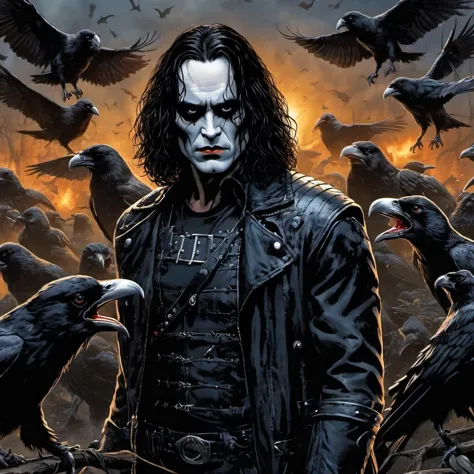 Brandon Lee as Eric Draven from the movie The Crow surrounded by scary crows from hell
cinematic lighting in the comic style of ...