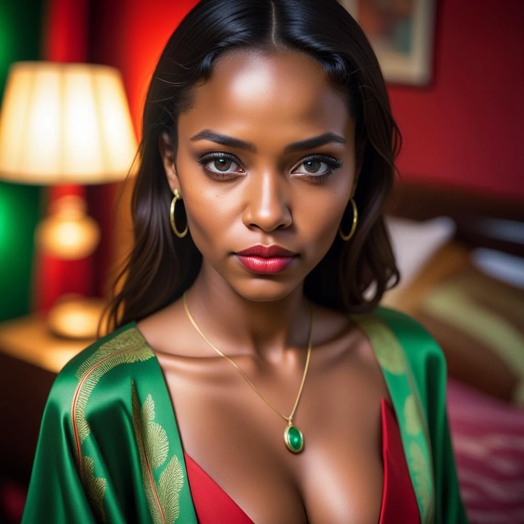 Thorough, analog style, eye focus, highest quality, (highly detailed skin), photo of a

african girl, vitiligo skin, brunette hair, green eyes, parted lips, lip gloss, medium breasts, silk intricate red robes, cleavage, bedroom, blurred background, detailed eyes, warm volumetric lighting,

skin pores, sharp focus, dappled lighting, (backlighting:0.7), film grain, photographed on a Sony A7R IV, 18mm F/1.7 cine lens, (highly detailed, intricately detailed), 8k, HDR, seductively posing, front view, (uppper body:1.15)