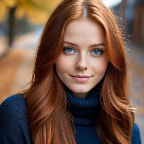 detailed and realistic close portrait of 1girl, 18 year old, blue eyes, red_hair, long_hair, closed_mouth, lips, smile, long_hai...