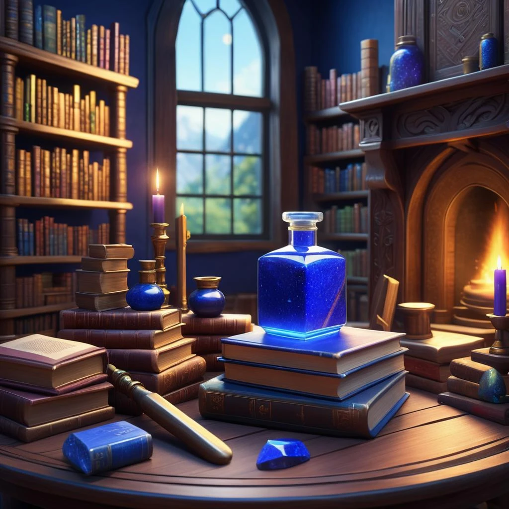 masterpiece, best quality, (colorful), cinematic lighting, extremely detailed CG unity 8k wallpaper, no humans, enchanting table and potions stand, stack of mana, stack of lapislazuli, pickaxe, books, still life