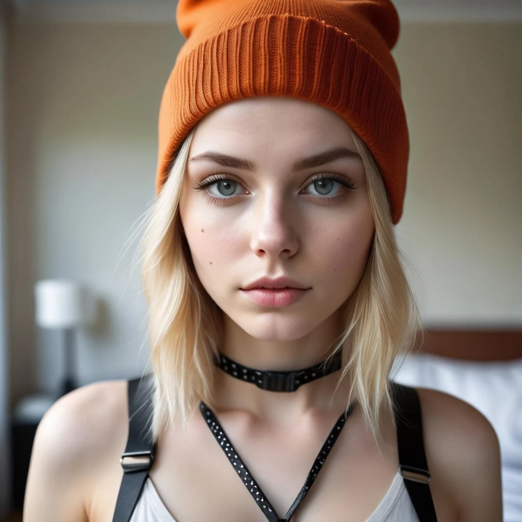 Thorough, analog style, eye focus, highest quality, (highly detailed skin), photo of a exquisitely beautiful pale skin punk Dutch girl, 21yo, (wearing harness, and beanie), perfect face, alluring eyes, [seductive makeup], skin pores, (piercing:0.5), indoor, messy bedroom, (bokeh:0.6), sharp focus, dappled lighting, (backlighting:0.7), film grain, photographed on a Sony A7R IV, 18mm F/1.7 cine lens, (highly detailed, intricately detailed), 8k, HDR, seductively posing, front view, (uppper body:0.9)