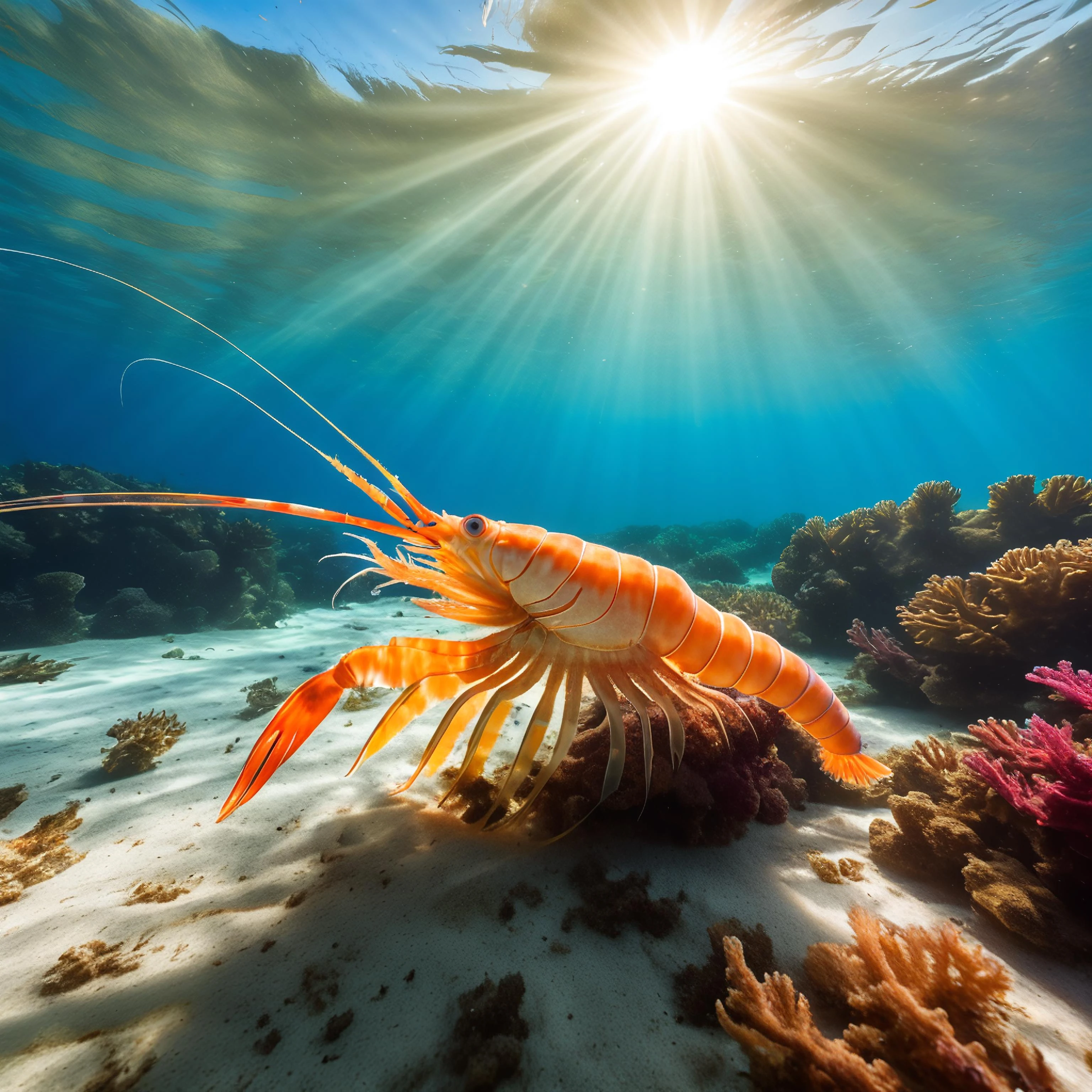 水下自然照片, 一只大虾在海底快速爬行, 追逐漂浮的海藻, 阳光透过水面, 沙质海床, 鲜艳的色彩