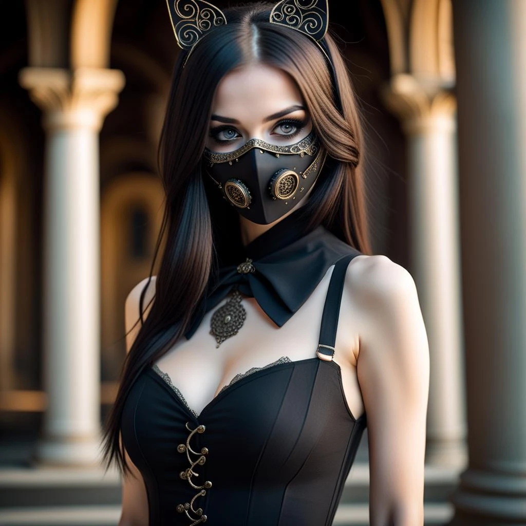 Thorough, analog style, eye focus, highest quality, (highly detailed skin), photo of a exquisitely beautiful pale skin emo ukranian girl, 21yo, steampunk style, (wearing a dark gothic dress and a mask), perfect face, alluring eyes, [seductive makeup], skin pores, (piercing:0.5), indoor, obscure catedral, (bokeh:0.6), sharp focus, dappled lighting, (backlighting:0.7), film grain, photographed on a Sony A7R IV, 18mm F/1.7 cine lens, (highly detailed, intricately detailed), 8k, HDR, seductively posing, front view, (uppper body:1.15)
