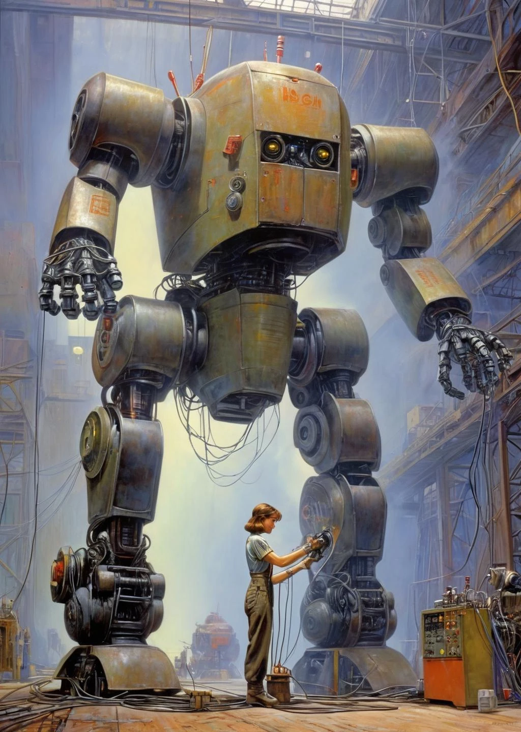 1名女工正在修理巨型機器人, 
電線按鈕, 儀表廠科幻哈里森艾倫肖