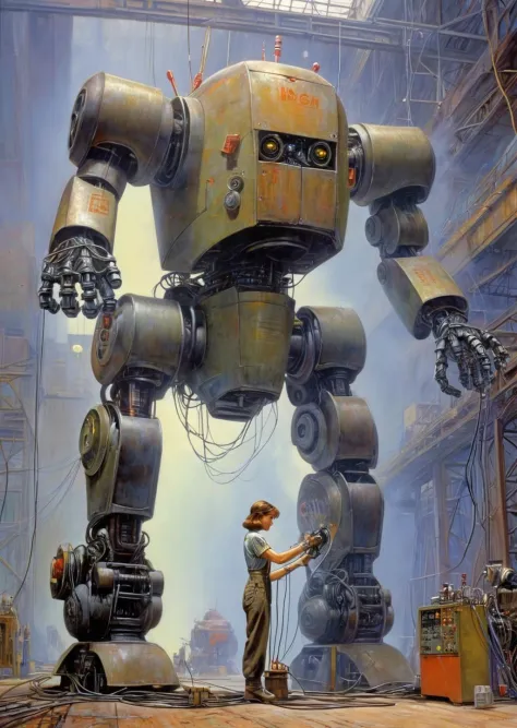 1 female worker  fixing a giant robot, 
wires
 buttons, gauges 
factory 
sci-fi   Harrison Ellenshaw