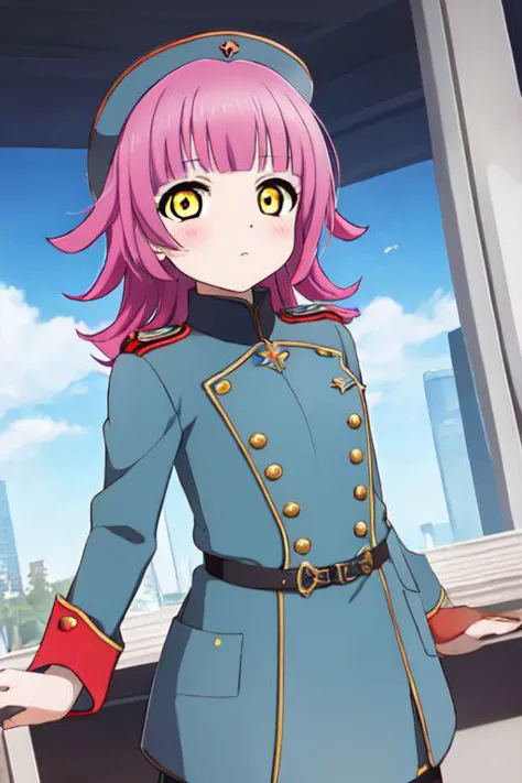 rina tennoji, pink hair, yellow eyes, rina-chan board,uhlan tunic