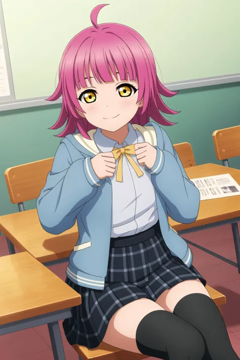 anime girl sitting on a desk in a classroom with a book