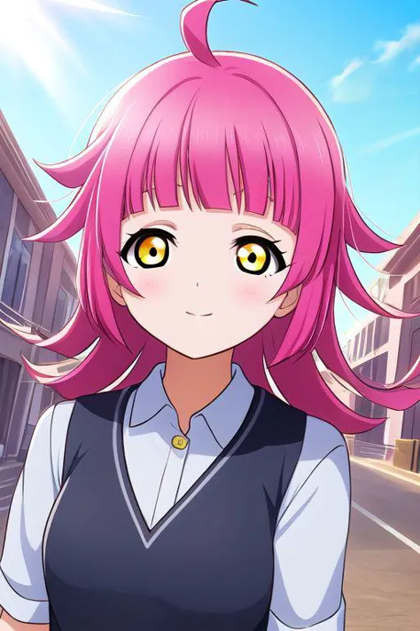 rina tennoji, pink hair, yellow eyes, ahoge, rina-chan board,school background,sun light