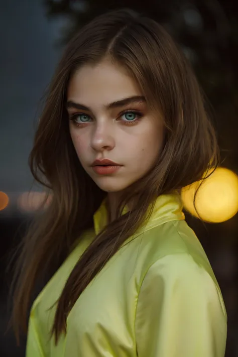 a close up of a woman with long hair wearing a yellow shirt