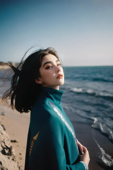 a woman standing on a beach next to the ocean