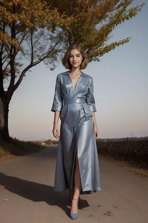 a fashion portrait of a beautiful super model wearing haute couture of French Blue, photo by irving penn, professional medium format film, sharp focus, autumn, noon, fantastic scenery, lunar base, (full body:1.4), platinum blonde hair, blue gray eye pupil, tall, walking, <lora:weber:0.9> smile,