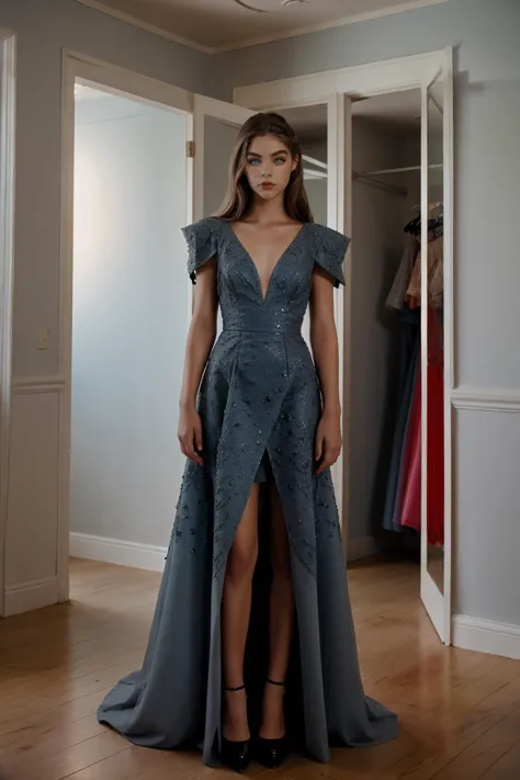 a woman in a grey dress standing in a room