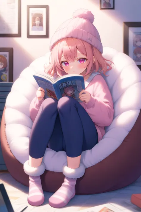 anime girl sitting in bean bag reading a book