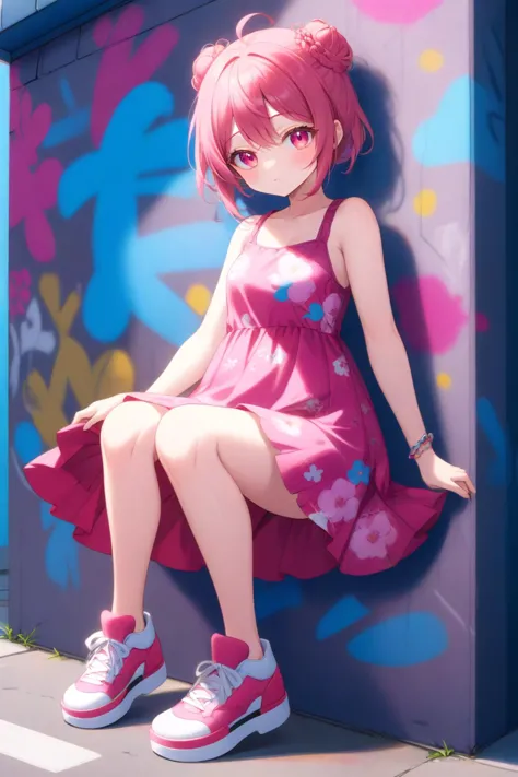 a woman in a pink dress sitting on a wall with a pink flowered dress