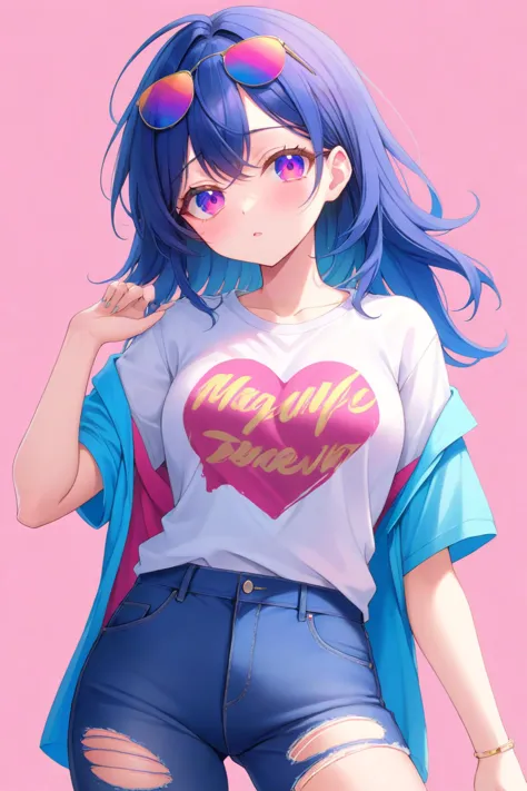 a woman with blue hair and sunglasses is wearing a shirt with a heart on it