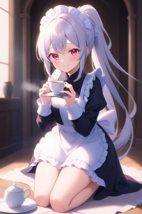 anime girl with long hair sitting on the floor holding a cup