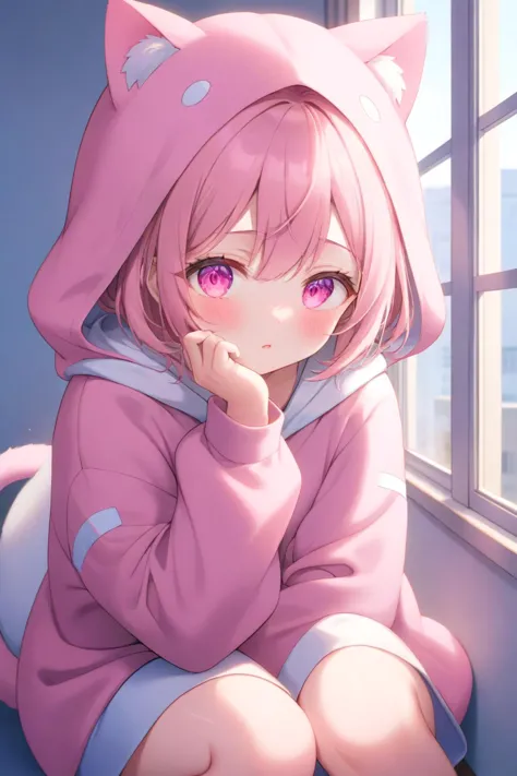 anime girl in pink cat outfit sitting on the floor looking out the window