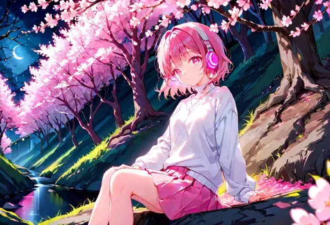 anime girl sitting on a rock with headphones on